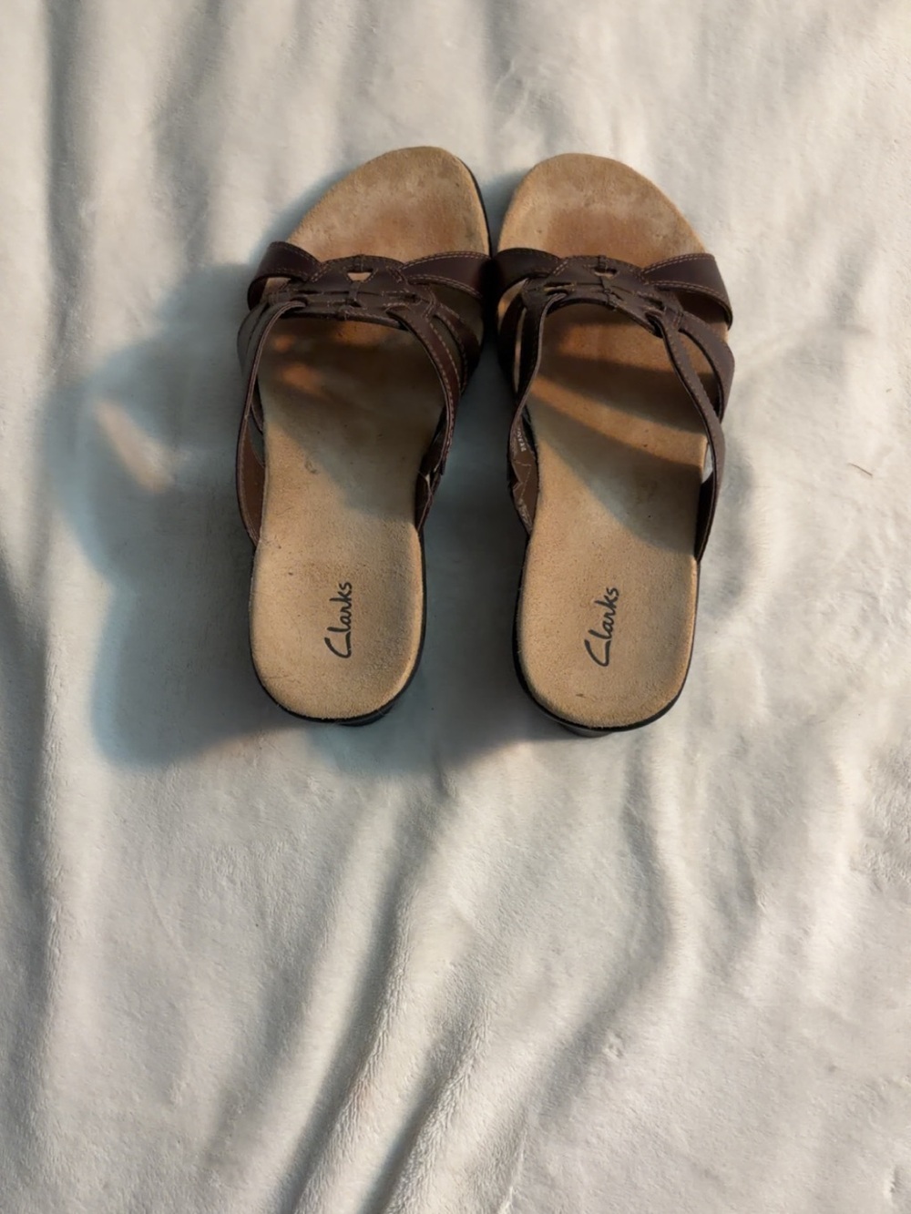 Clarks Brown Leather Crossover Strap Slide Sandals